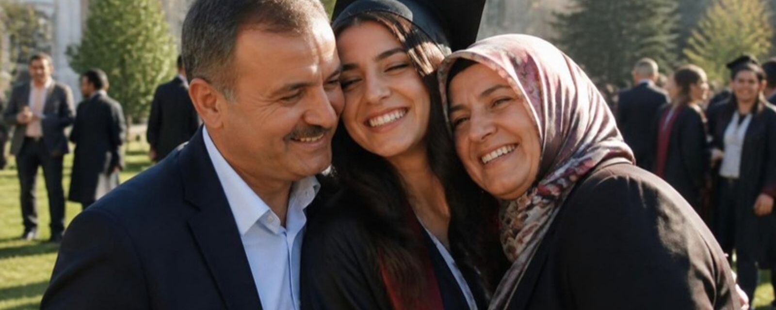 Yurtdışında mezun olan öğrenci ve gururlu ailesi
